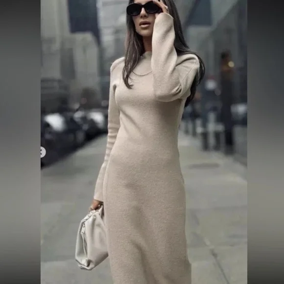 New ZARA Long Sleeve Bouclé Wool Dress ZW Collection - Picture 2 of 8